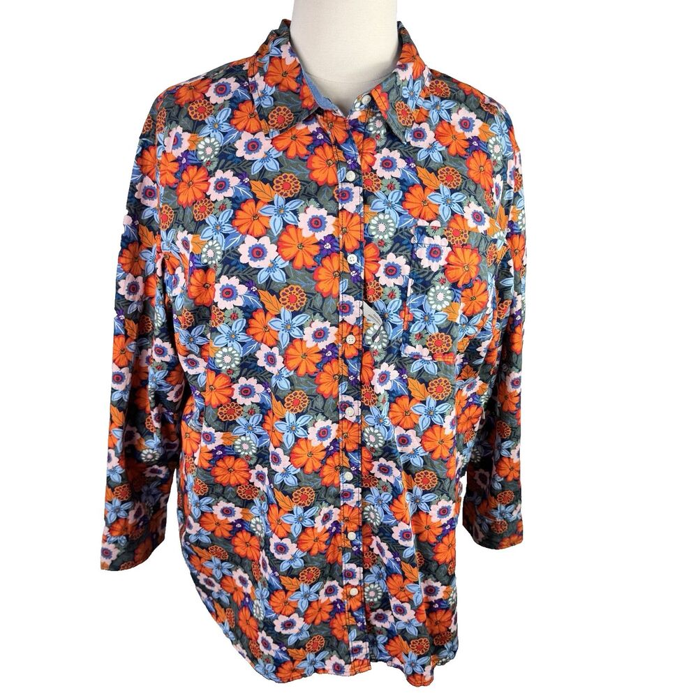 St. Johns Bay Women's Shirt Floral Button Down Multicolor Oversized 2X Cotton